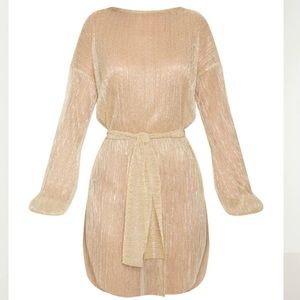 PLT Gold Plisse Balloon Sleeve Sheer Shift Dress